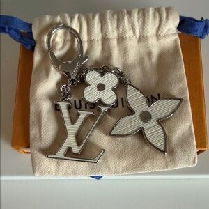 Louis Vuitton Epi Silver Keychain/ Bag Charm with Floral Accents